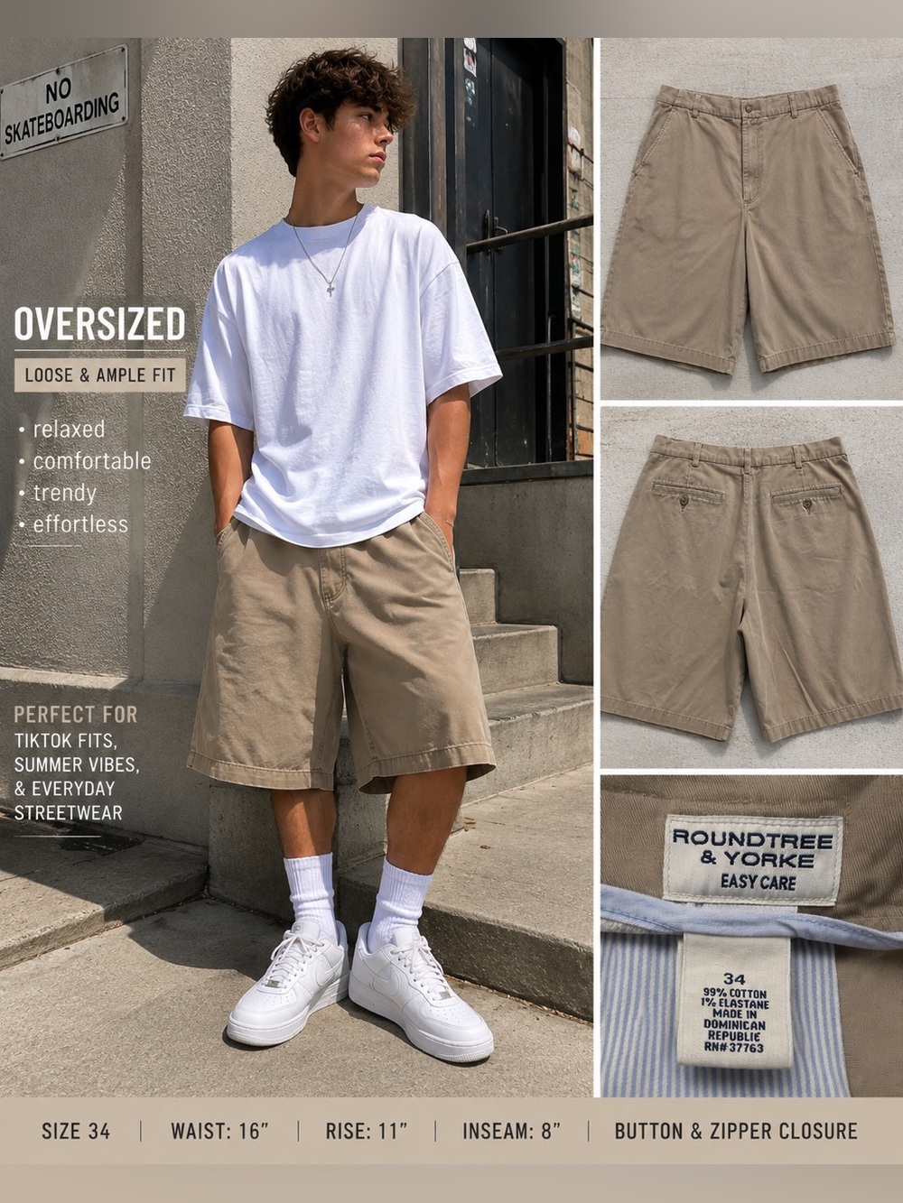 Vintage Roundtree & Yorke Men’s Size 34 Khaki Chino Shorts Cotton Y2K - Picture 1 of 7